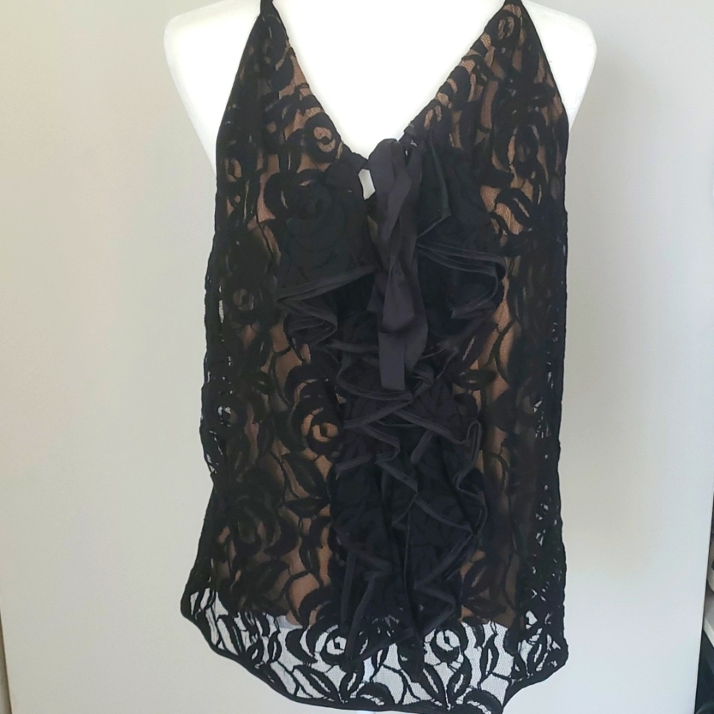 Nu collective silk black tie ruffle front top